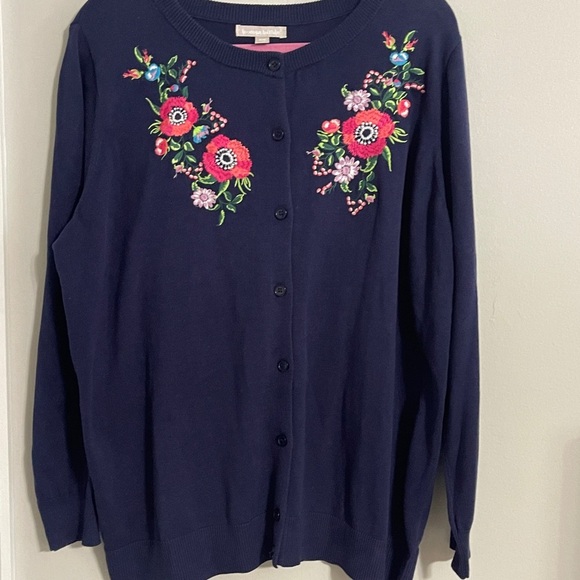 Vintage Embroidered Cardigan Sweater Sz 18 Navy Floral Button Down Cottagecore - Picture 9 of 10